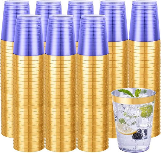 supernal 100 Pack Purple Plastic Cups - 10 Oz Clear Disposable Cups with Gold Trim,Clear Purple Plastic Cocktail Glasses Perfect for Weddings,Birthday,Parties & Elegant Events,Disposable Wine Glasses