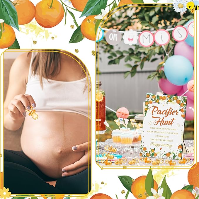 Thyle 51 Pcs Pacifier Hunt Baby Shower Games Include Hunt Sign and 50 Acrylic Pacifiers for Baby Shower Game Decoration Gift Sets Gender Reveal Party Decor(Orange)