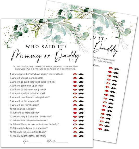 Baby Shower Game Cards - Set of 30 Mommy Or Daddy Game - Greenery Double Sided Print Baby Announcement Gender Reveal Card for Parents to Be - Baby Shower Party Activities Supplies - A11