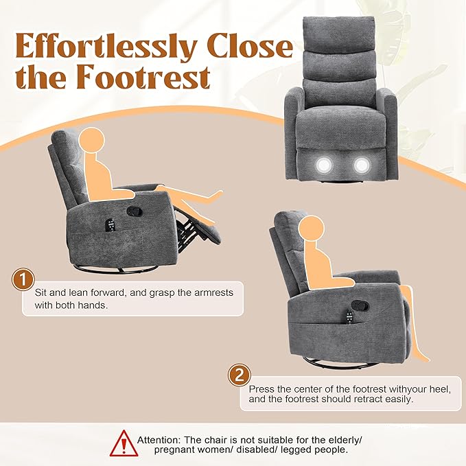 Manual Swivel Rocker Recliner Chair with Massage, Overstuffed Recliner Glider with Vibration Massage and Heat for Nursery, Living Room Reclining Sofa Chair, Fabric Dark Gray