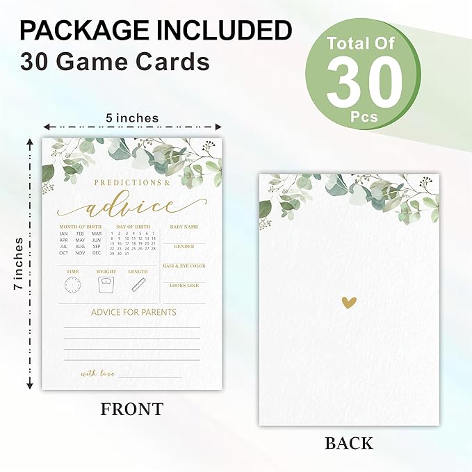 Predictions & Advice Game Cards For Baby Shower - Golden Greenery - 30 Double-Sided Fill In Style Game Cards For Gender Reveal, Baby Announcement, Party Games & Activity - D02