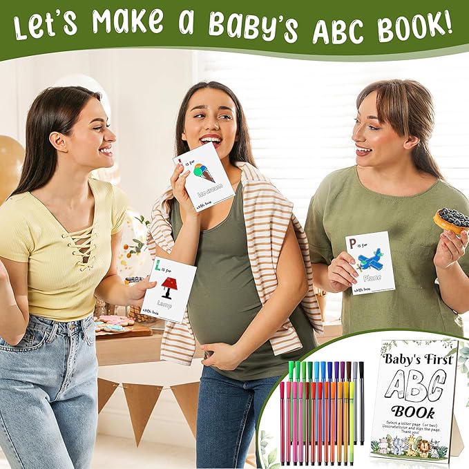 Geelin 51 Pcs Fun Baby Shower Game Activities First ABC Book Sign Coloring Game Card 26 Alphabet a to Z Coloring Card with 24 Watercolor Pen Storage Bag for Baby Shower Party(Safari)