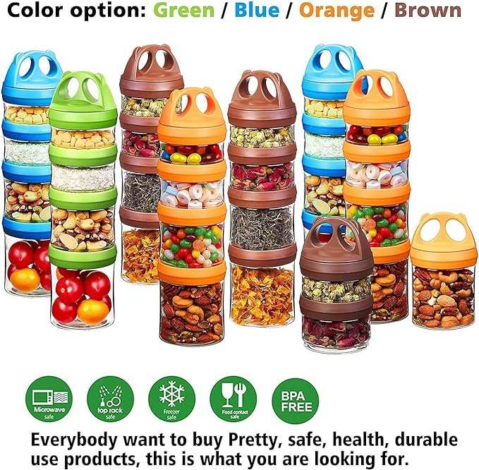 SELEWARE Portable Stackable Food Storage Containers for Snacks Formula Powder and Drinks Twist Lock System Airtight Leak-proof BPA and Phthalate Free Green and Orange