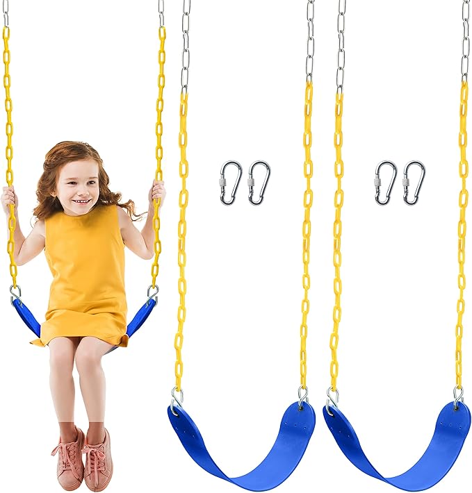 TURFEE 2 Pack Swing for Outdoor Swing Set, Swing Seat Replacement Kit with 66" Heavy Duty Chains, 4 Snap Hook for Kids Outdoor Play Playground, Trees, Playground (Blue)