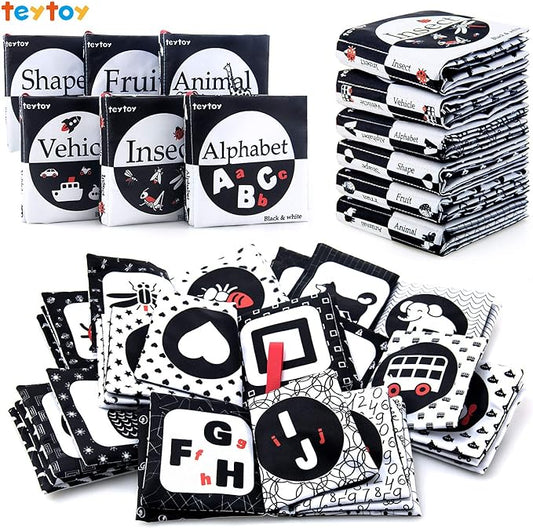 teytoy My First Soft Book, 6 PCS Nontoxic Fabric Cloth Activity Crinkle Black and White Books for Infants Boys and Girls Early Educational Toys Perfect for Baby Shower