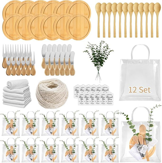 109Pcs Baby Shower Prizes for Game Winners 12 Sets Cheese Board Spoon Fork Butter Spreaders Plaid Towel Thank You Card and Gift Bags for Baby Shower Wedding Bridal Shower Favors (12, Bamboo Color)