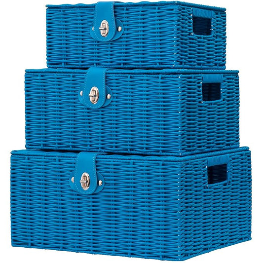 Set of 3 Woven Wicker Storage Basket Box with Lid & Lock, Built-in Carry Handles, Multifunctional Storage Organiser for Nursery, Baby, Clothes, Toys, Books, Large/Medium/Small Size (Sky Blue)