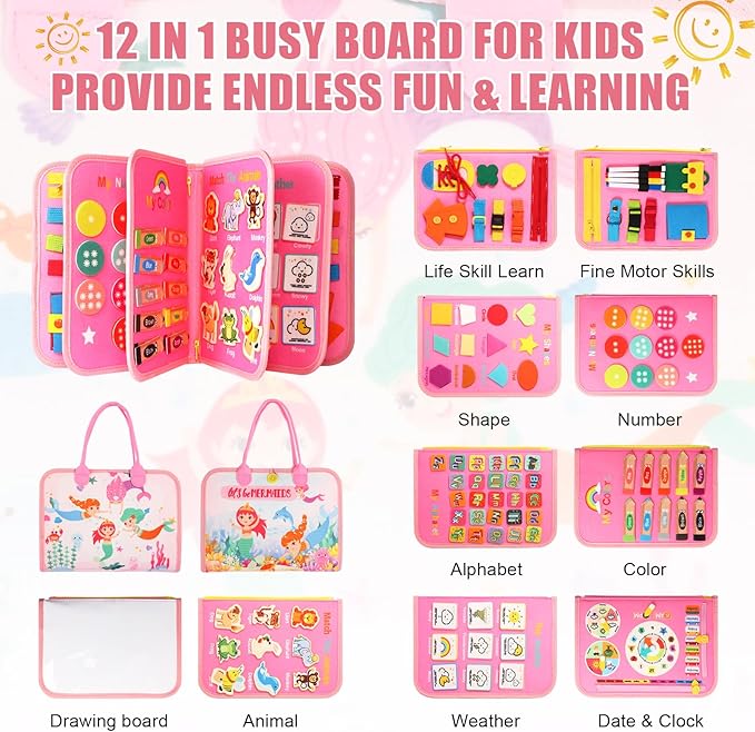 Hooku Busy Board for 1 Year Old, Montessori Toys for 2 Year Old, Baby Sensory Toy for Toddlers 1-3, Fine Motor Toy, Toddler Travel Toys, Toddler Learning Activities,Birthday Gifts for Baby Boy Girl