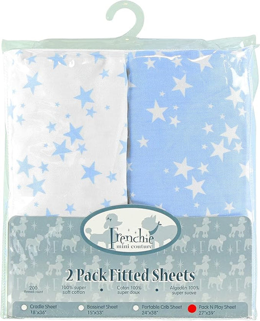 Fitted Pack n Play Sheets,100% Cotton Standard Mattress, Blue Stars, 27 x 39in, 2-Pack