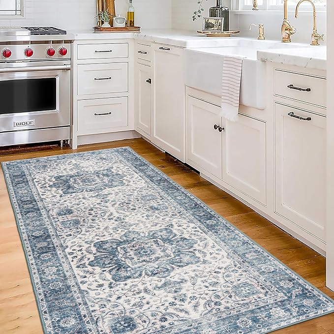 ReaLife Rugs Machine Washable Area Rug Runner - Living Room Bedroom Bathroom Kitchen Entryway Office - Padded Low Pile Stain Resistant Premium - Boho Farmhouse Vintage - Joy - Blue Ivory 2'6" x 8'