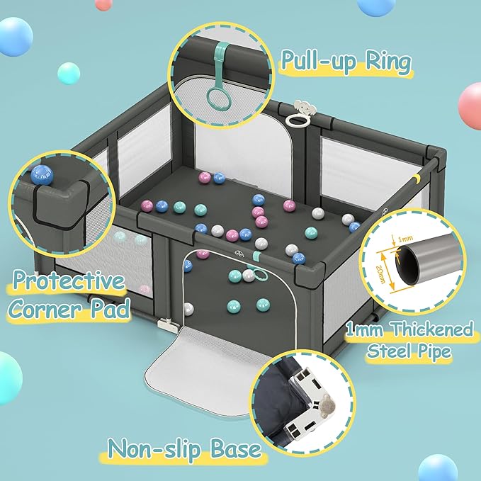 Foldable Playpen for Babies and Toddlers, 72" x 59" Extra Large Collapsible Play Pen with Basket, 4 Handlers & 50 Ocean Balls, Portable Travel Play Yard with Carry Bag, No Installation, Grey