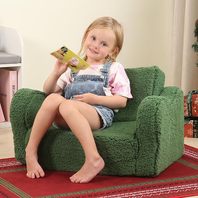 Kids Chairs for Toddler, 2-in-1 Toddler Soft Sherpa Couch Fold Out, Convertible Sofa to Lounger for Girls and Boys, Christmas Decor, Green