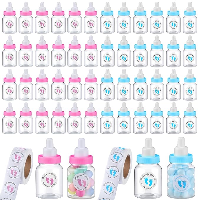 Tondiamo 48 Pcs Blue Pink Baby Shower Mini Bottle Favors 1. 5 x 3. 5 Inch Baby Shower Candy Jar Mini Milk Bottle Party Favor Fillable Gift Boxes for Boys Girls Birthday Party Games Decorations
