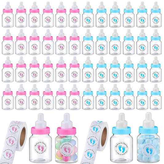 Tondiamo 48 Pcs Blue Pink Baby Shower Mini Bottle Favors 1. 5 x 3. 5 Inch Baby Shower Candy Jar Mini Milk Bottle Party Favor Fillable Gift Boxes for Boys Girls Birthday Party Games Decorations