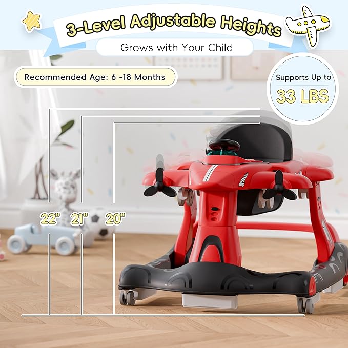 Xilingol 6-in-1 Baby Walker with Wheels, Adjustable Height & Speed Activity Walker with Padded Seat, Foldable Walker for Babies, Toddler Push Walkers for Boy & Girl 6-18 Months, Music & Light