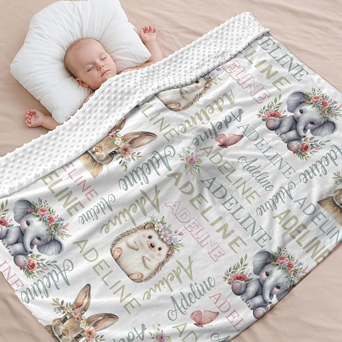 Personalized Baby Blanket for Girls Boys Elephant Custom Baby Blankets with Name Dotted Backing Customized Gifts for New Mom Customize Baby Blanket for Kids Newborn Birthday