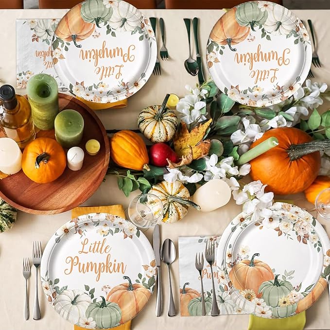 100 Pcs Little Pumpkin Baby Shower Party Decoration – Autumn Pumpkin & Floral Tableware Set with Plates, Napkins, Cups, Cutlery for Thanksgiving & Fall Baby Shower Decorations, Serves 20