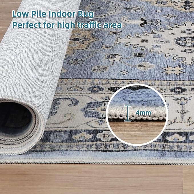 Dripex Vintage Round Rug-5ft Distressed Washable Rugs for Living Room Indoor Soft Non-Slip Circle Rugs for Kitchen Dining Room Floral Print Low-Pile Carpet Farmhouse Office Home Decor