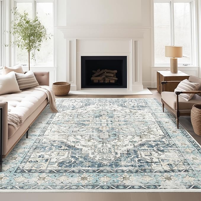 zesthome 5x7 Washable Rug-Stain Resistant Area Rugs for Living Room, Ultra-Thin Vintage Rugs, Non-Slip Backing Rug, Low Pile Large Area Rug, Boho Home Decor