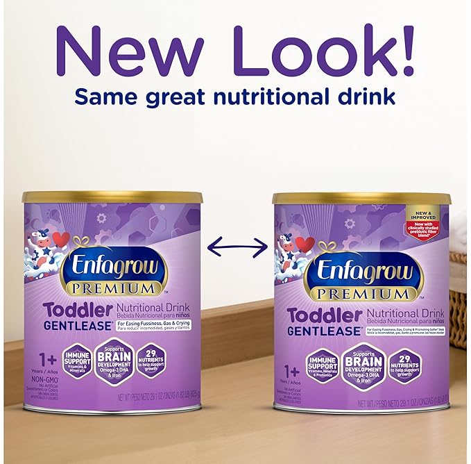 Enfagrow PREMIUM Gentlease Toddler Nutritional Drink, Made with Real Milk, Designed to Ease Fussiness, Gas & Crying, Brain-Building Omega-3, Nutrients for Growth & Immune Support, Powder Can, 29.1 Oz