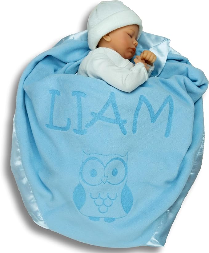 Custom Catch Personalized Owl Baby Blanket Gift for Boy - Infant or Newborn Name (1 Line of Text)