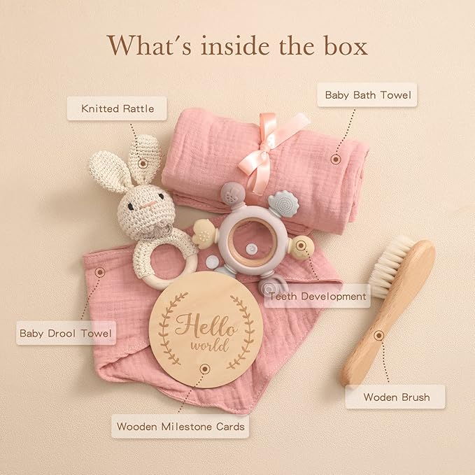 YOUUYS Baby Gift Set for Newborn - Baby Essential Bath Basket Easter Gift Set with Baby Blanket Baby Rattle Teether Toy & Hair Brush Newborn Shower Gift for Easter Day Baby Girls Boys 6PCS (Bunny)