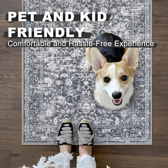 KILOCOCO Hallway Runner 2x5 Kitchen Runner Rug Printed Vintage Floral Washable Non-Slip Runners for Hallways Laundry Room Rugs Distressed Boho Rug Runners for Bedroom, Grey
