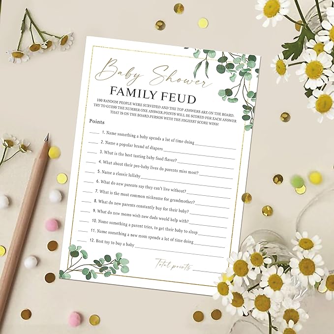 Baby Shower Family Feud Game - Pack of 30 Game Cards 1 Answer Key, Greenery Baby Shower Game for Boy & Girl, Baby Shower Decorations, Baby Feud Game Supplies-04