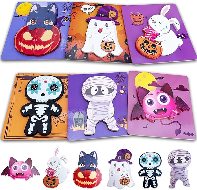 Halloween Puzzle Toys 6 Pack Wooden Puzzles for Toddlers Montessori Toy for 1 2 3 4 Year Old Boys Girls Toddler Gifts Halloween Treat Bags Gifts