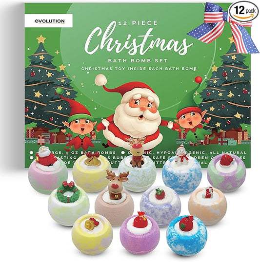 EvolutionUSA - Christmas Bath Bombs for Kids, Holiday Bath Bombs with Surprise Inside, Perfect Christmas Stocking Stuffers or Festive Holiday Bathombs Set, Natural & Hypoallergenic Bath Ball Set