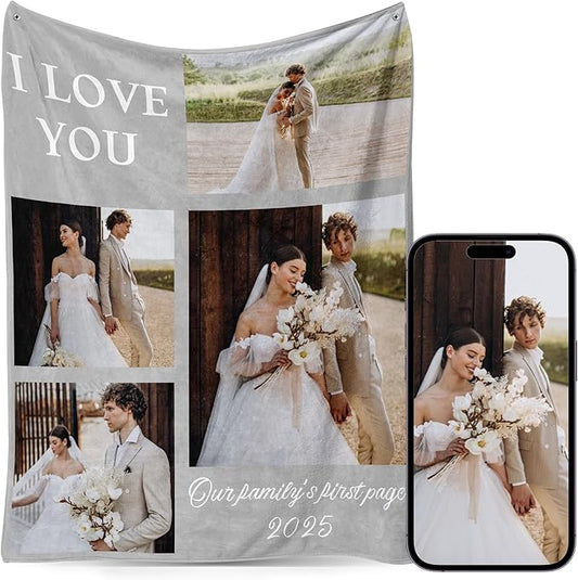 Custom Personalized 9 Photo Collage Blanket Thow Gifts with Text, Customized Pictures Blankets Gift for Christmas Birthday Thanksgiving Adults Kids Dad Mom Girlfriend Boyfriend (4 Wedding)