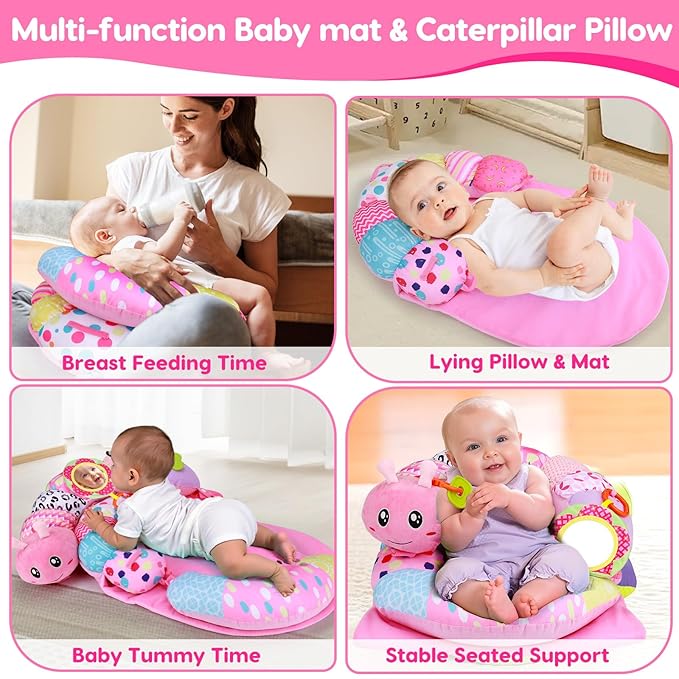2 in 1 Baby Tummy Time Mat & Support Seated Pillow Infant Newborn Toys 0 1 2 3 4 5 6 Months Pink Caterpillar Sensory Developmental Playmat 0-6 3-6 12 Month Babies Mirror Shower Gifts for Girls Boys