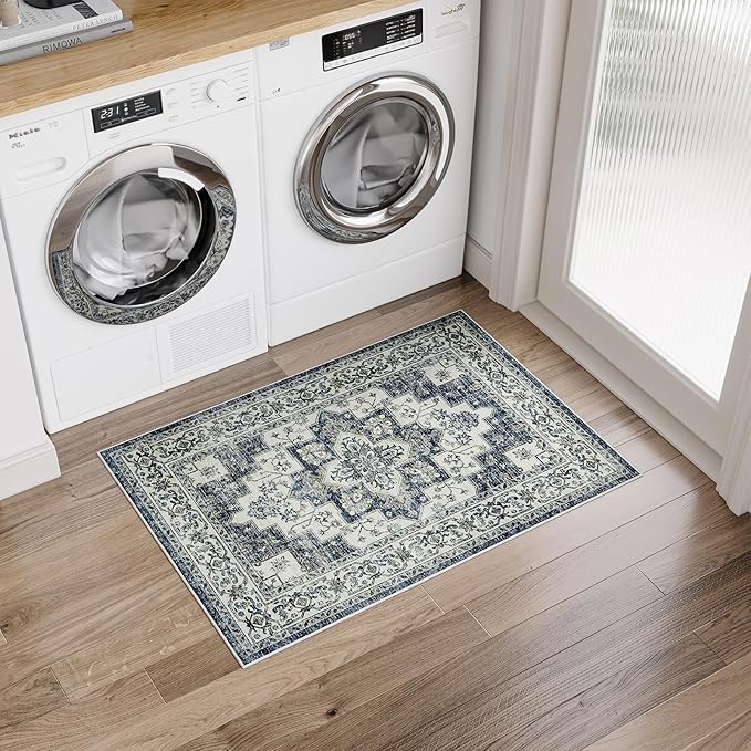 Dripex Vintage Collection Washable Area Rug - 2x3 Door Mat Small Entryway Rug Distressed Non-Slip Low-Pile Floor Carpet for Indoor Front Entrance Kitchen Bathroom Living Room Bedroom