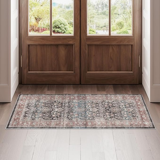 Dripex Vintage Washable Area Rug - 2x4 Indoor Door Mat Oriental Medallion Accent Throw Rug Distressed Foldable Non-Slip Low-Pile Bathroom Kitchen Rug for Entryway Laundry Room Living Room Bedroom