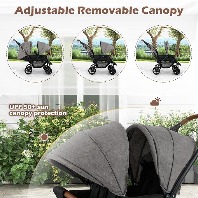 INFANS Double Stroller, Foldable Baby Tandem Stroller with Djustable Backrest Canopy Footrest, 5-Point Harness, Storage Basket, Convertible Compact Twin Stroller for Infants and Toddlers (Light Grey)
