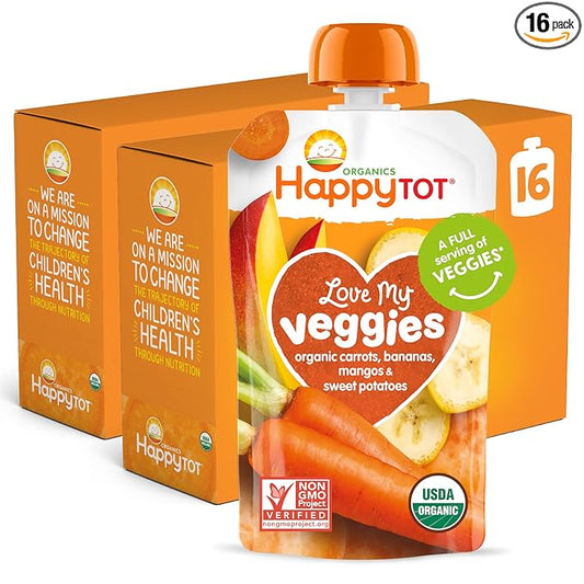 Happy Tot Organics Stage 4 Baby Food Pouches, Gluten Free, Vegan Snack, Love My Veggies, Fruit & Veggie Puree, Carrot, Banana, Mango & Sweet Potato, 4.22 Ounce (Pack of 16)