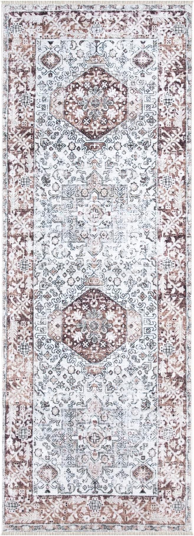 Bloom Rugs Caria Washable Non-Slip 7 ft Runner - Beige/Brown Traditional Runner for Entryway, Hallway, Bathroom, and Kitchen - Exact Size: 2'6" x 7'