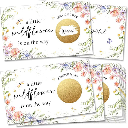 Baby Shower Game Scratch Off Cards Girl, A Little Wildflower is On The Way, Floral Printed Scratch Off Party, 50 Cards -c1