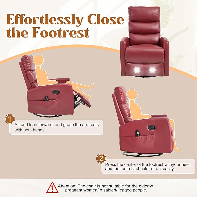 Manual Swivel Rocker Recliner Chair with Massage, Overstuffed Recliner Glider with Vibration Massage and Heat for Nursery, Living Room Reclining Sofa Chair, PU Leather Red