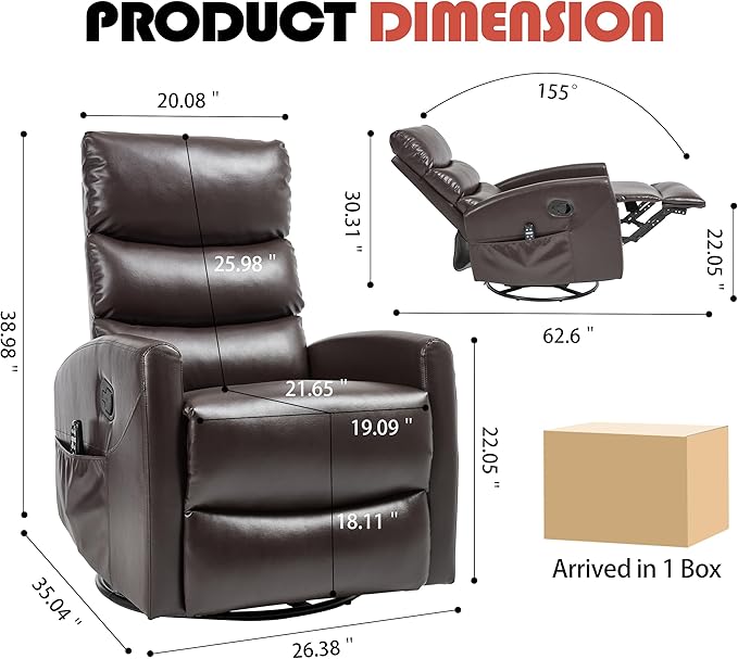 Manual Swivel Rocker Recliner Chair with Massage, Overstuffed Recliner Glider with Vibration Massage and Heat for Nursery, Living Room Reclining Sofa Chair, PU Leather Dark Brown