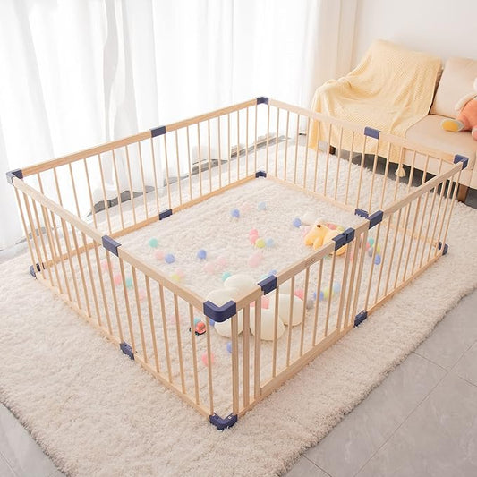 Wooden Baby playpen with Door, Play Fence for Babies, Kids Safety Play Center Yard,Playpen with gate for Infants and Babies,Extra Large Playard, Anti-Fall Playpen(Natural, w/Locking Gate)