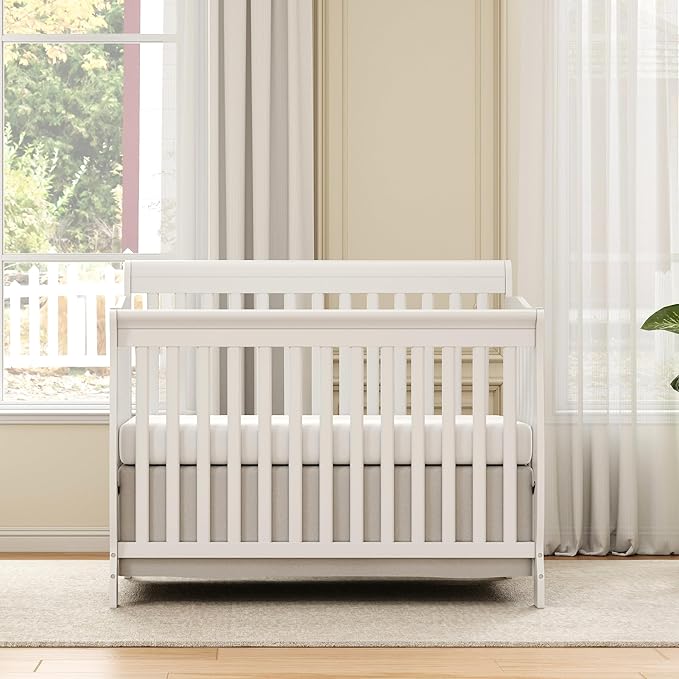 Baby Crib 5-in-1 Convertible, Wooden Cribs Converts to Toddler Bed, Daybed and Full-Size Bed, Nursery Furniture with Non-Toxic Finishes (White)