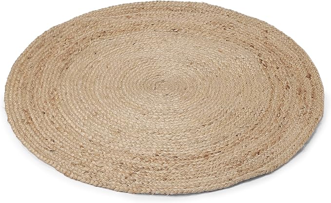 REDEARTH · Round Area Rug - 3 Feet Braided Natural Jute with Non-Skid Backing - Handwoven Boho Rug for Bedroom, Kitchen, Living Room - Farmhouse Aesthetic Home Decor - Durable Handmade Rug