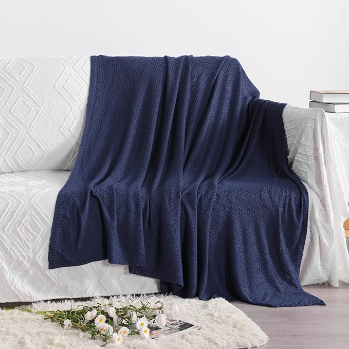 NTBAY Cable Knit Cooling Throw Blanket, Soft and Breathable Throw Blanket 51x67 Inches Made from Rayon Derived from Bamboo for Couch, Sofa, Nap, Navy Blue