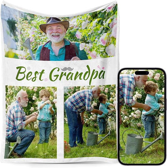 Custom Personalized 9 Photo Collage Blanket Thow Gifts with Text, Customized Pictures Blankets Gift for Christmas Birthday Thanksgiving Adults Kids Dad Mom Girlfriend Boyfriend (3 Grid Grandpa)