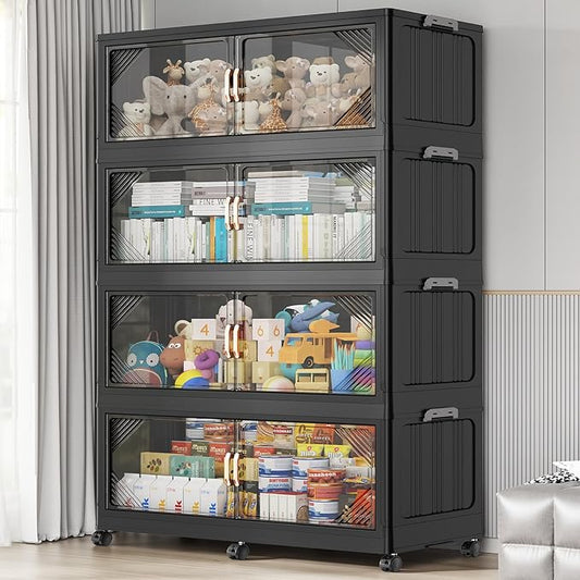 220Gal Plastic Stackable Storage Bins with Lid, 880QT Extra Large Closet Organizers Collapsible Cabinets Boxes With Drawers, Foldable Containers with 6x Wheels for Home Kitchen, V60 4Pack Black