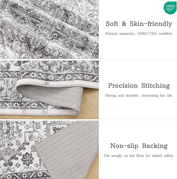 zesthome 8x10 Area Rugs for Living Room,Non-Slip Backing Washable Rugs,Vintage Large Area Rug，Stain Resistant Home Decor Rug (Grey/White,8'x10')
