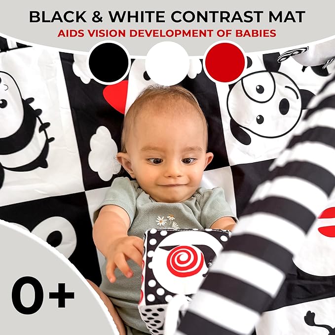 QUOKKA Padded Baby Mat for Floor Tummy Time - Super Soft Black&White Play Mat for Kids Toddlers & Infants - 6 Toys | Thick Pad | Machine Washable | Black White Colors for Vision Development