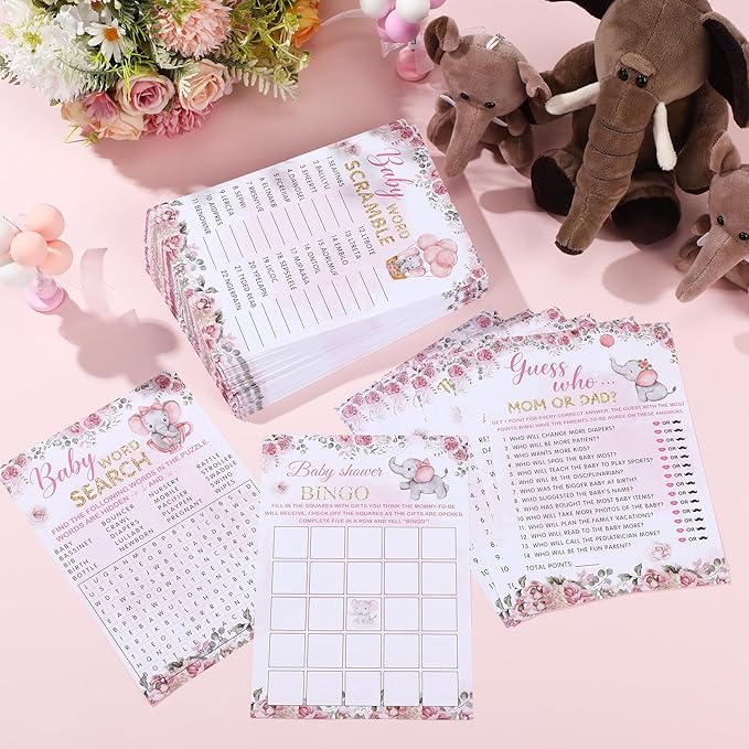 Jetec 302 Pcs Theme Baby Shower Games, 6 Games, 50 Sheets Each, Baby Shower Bingo, Baby Word Scramble, Baby Word Search, Baby Predictions and Advice, The Price is Right, Guess Who (Pink Elephant)