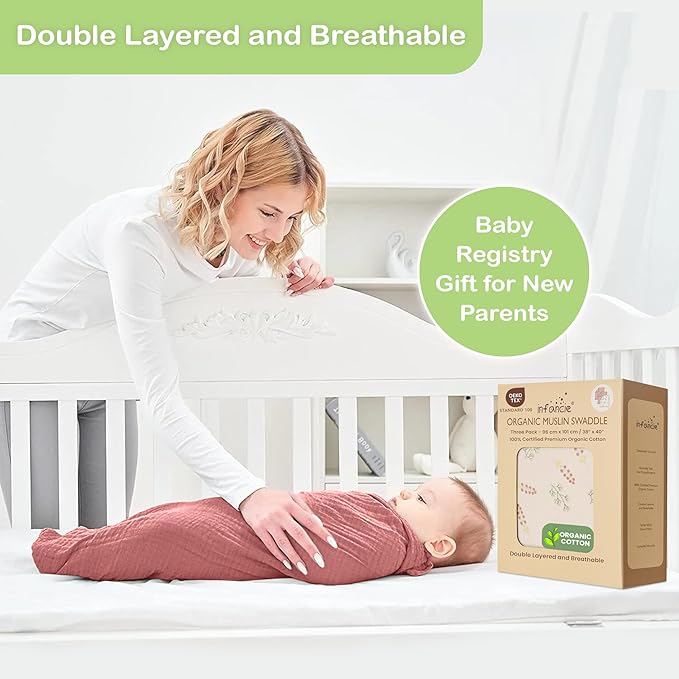 Organic Cotton Muslin Baby Blanket 3 Pack - 38x40 Inch Breathable Swaddle, Hypoallergenic Double-Layer, Versatile Use (Pink, Floral, Rust, 38x40 Inch)